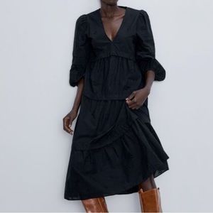 Zara ruffle black maxi dress with floral cutwork embroidery